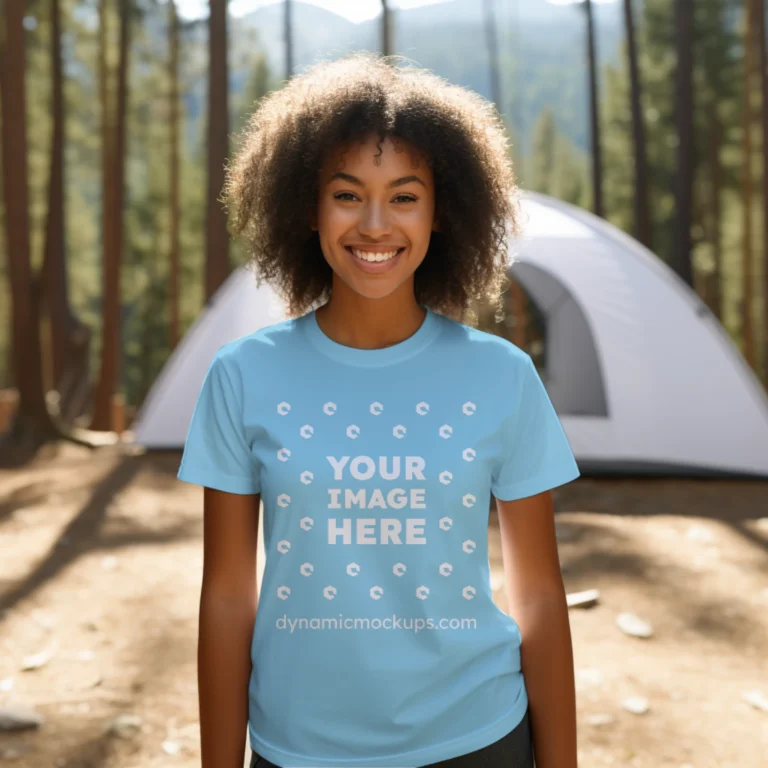 Woman Wearing Sky Blue T-shirt Mockup Front View Template