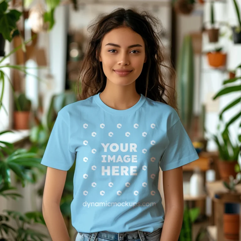 Woman Wearing Sky Blue T-shirt Mockup Front View Template