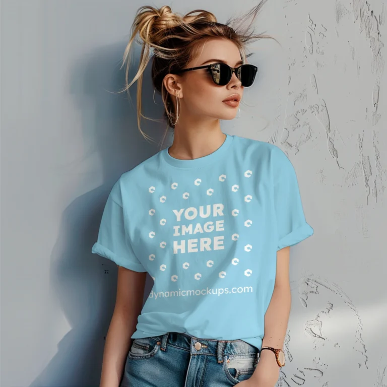 Woman Wearing Sky Blue T-shirt Mockup Front View Template