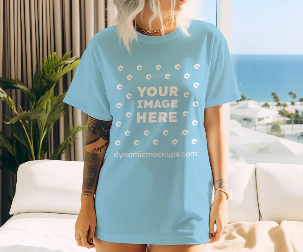 Woman Wearing Sky Blue T-shirt Mockup Front View Template