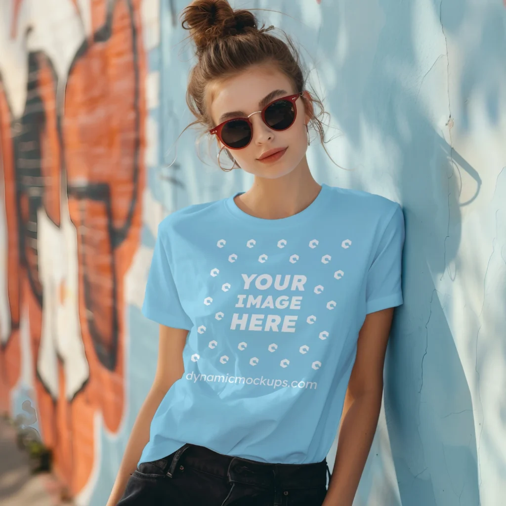 Woman Wearing Sky Blue T-shirt Mockup Front View Template