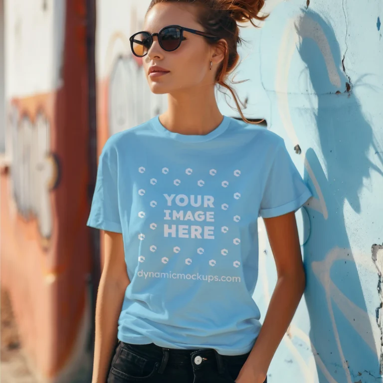 Woman Wearing Sky Blue T-shirt Mockup Front View Template