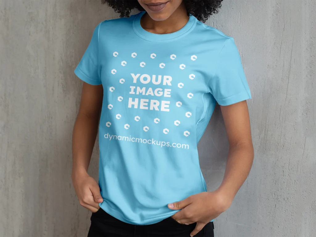 Woman Wearing Sky Blue T-shirt Mockup Front View Template