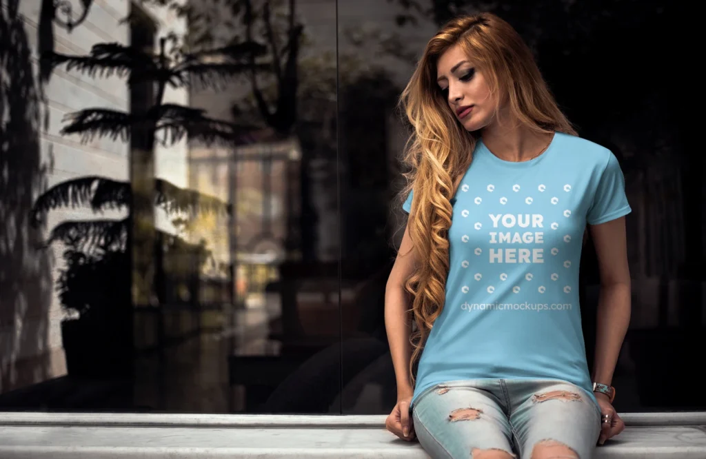 Woman Wearing Sky Blue T-shirt Mockup Front View Template