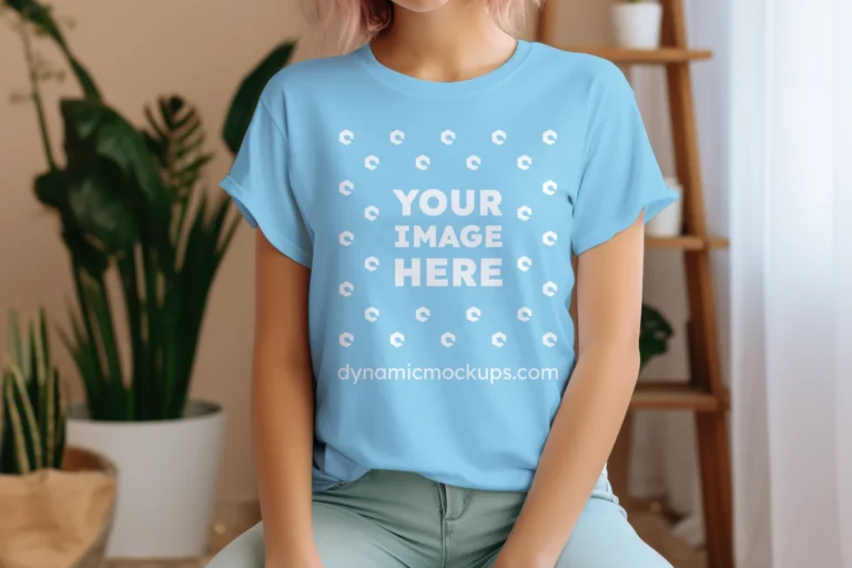 Woman Wearing Sky Blue T-shirt Mockup Front View Template