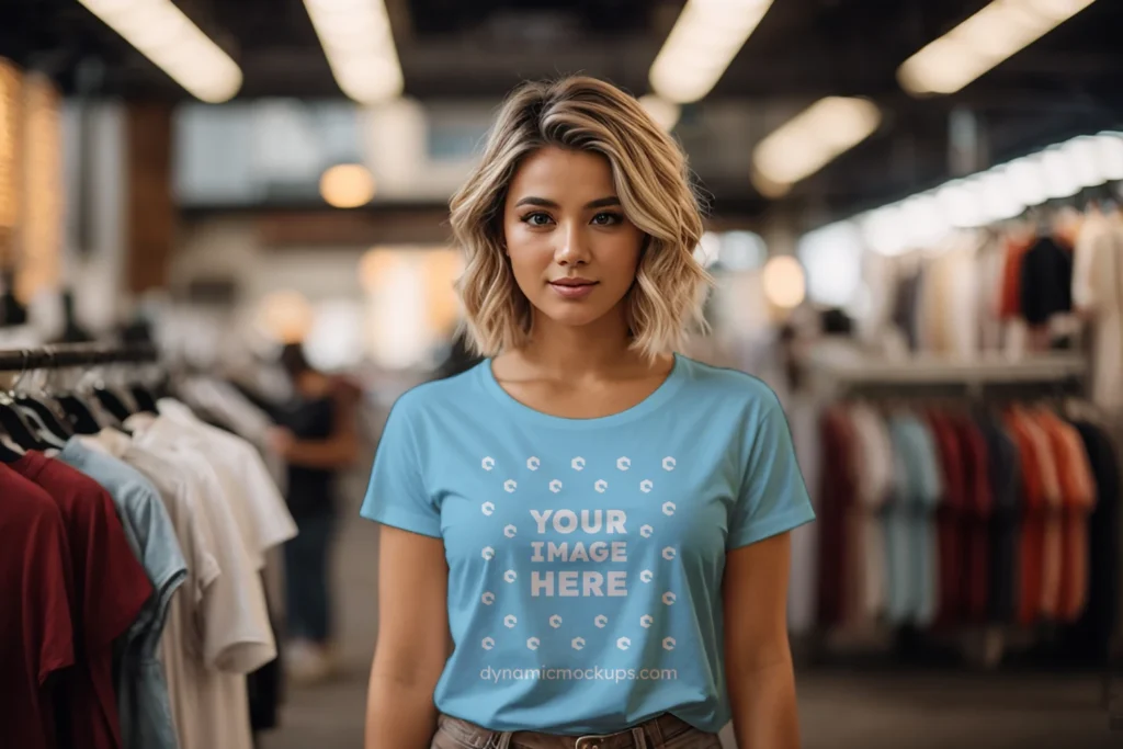 Woman Wearing Sky Blue T-shirt Mockup Front View Template