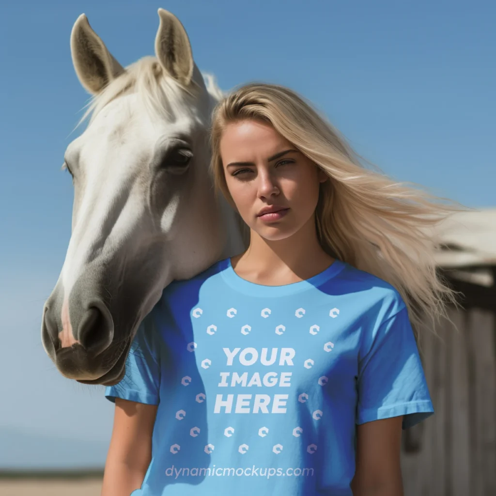 Woman Wearing Sky Blue T-shirt Mockup Front View Template