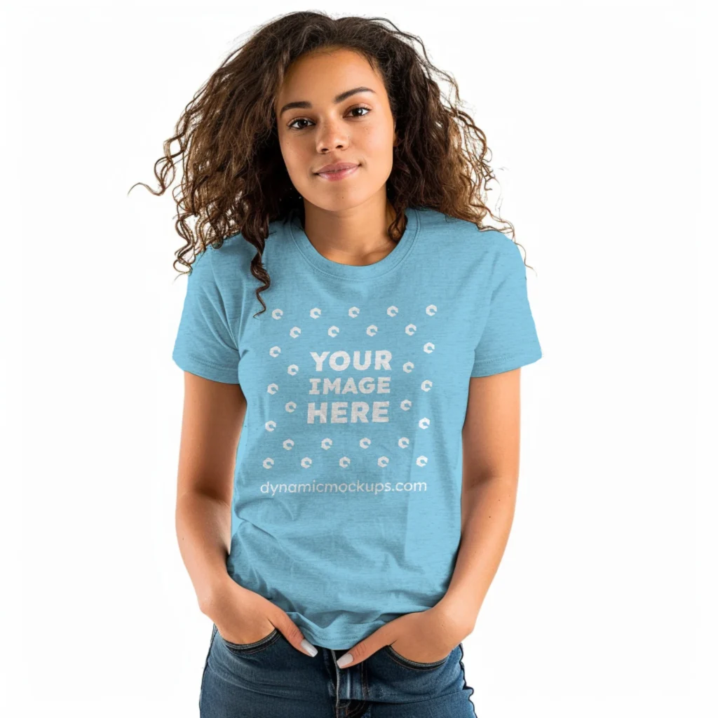 Woman Wearing Sky Blue T-shirt Mockup Front View Template