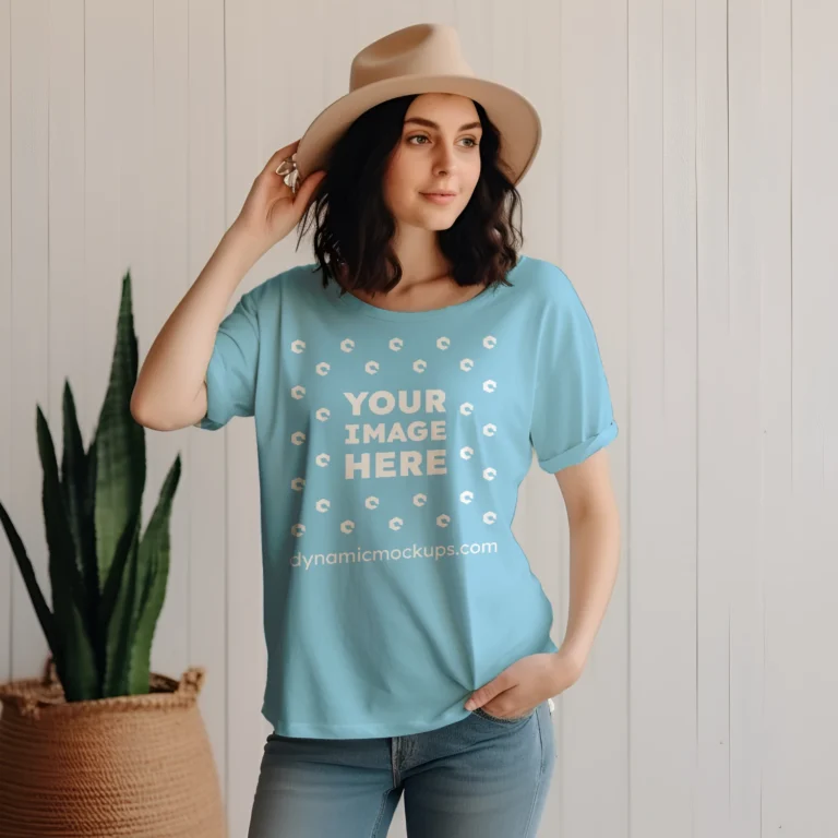 Woman Wearing Sky Blue T-shirt Mockup Front View Template