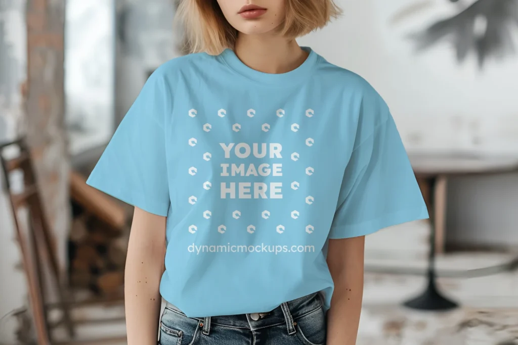 Woman Wearing Sky Blue T-shirt Mockup Front View Template