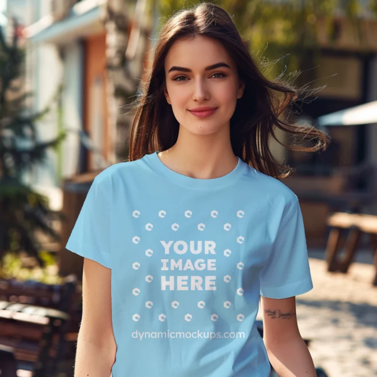 Woman Wearing Sky Blue T-shirt Mockup Front View Template