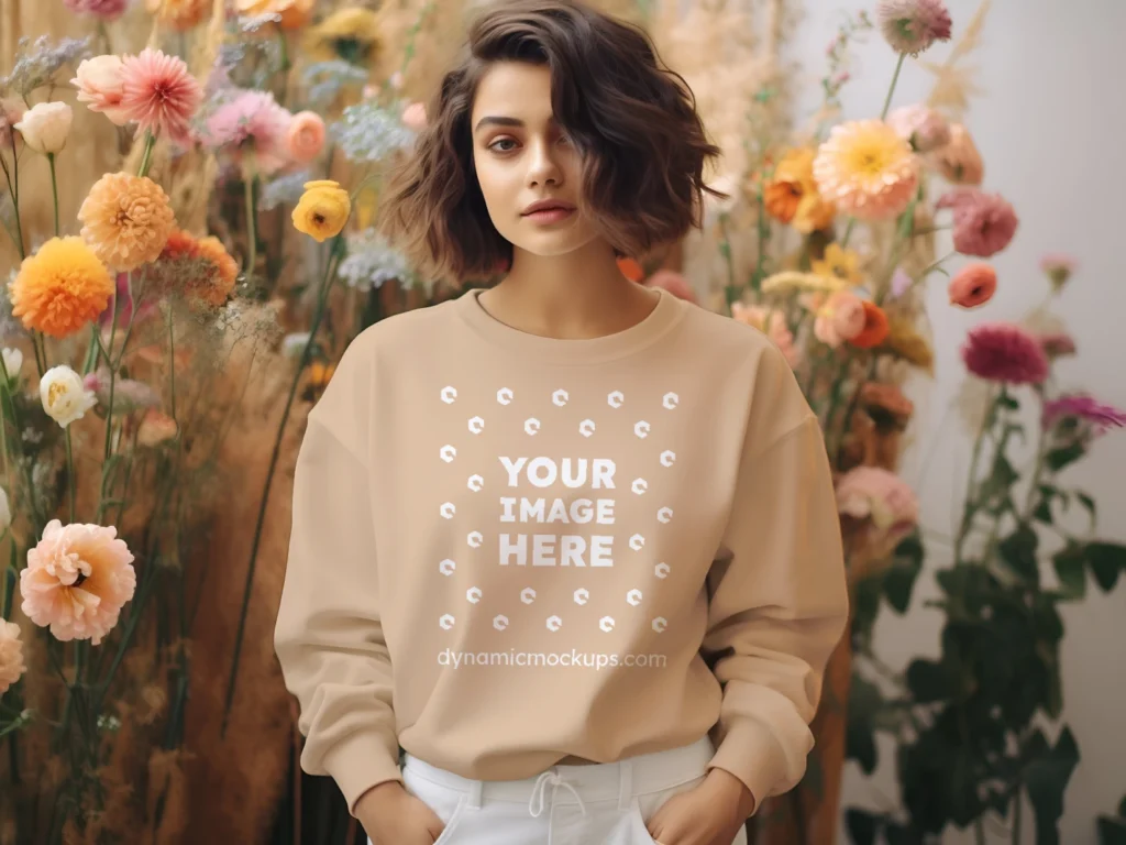 Woman Wearing Tan Sweatshirt Mockup Front View Template