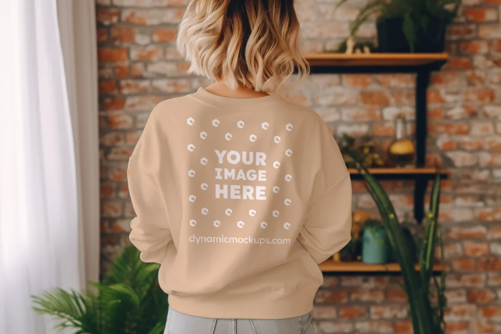 Woman Wearing Tan Sweatshirt Mockup Back View Template