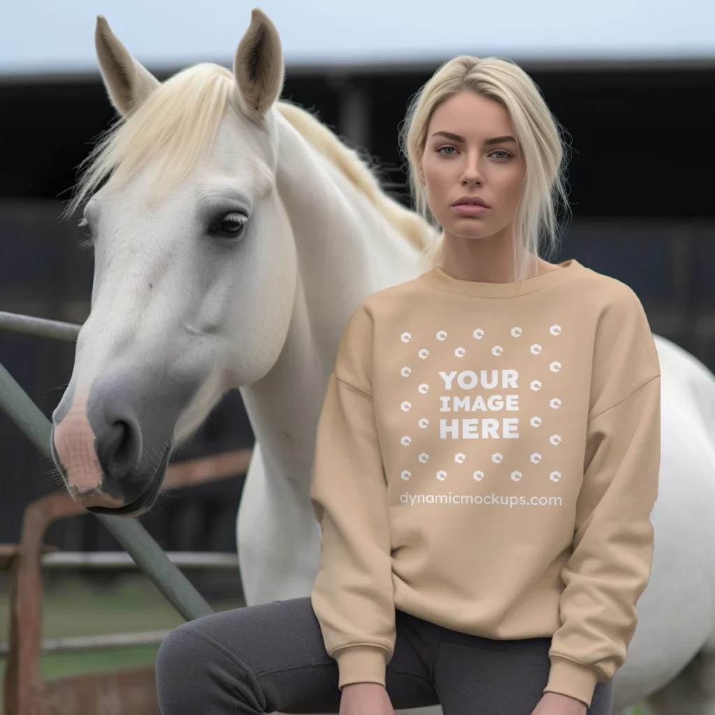 Woman Wearing Tan Sweatshirt Mockup Front View Template