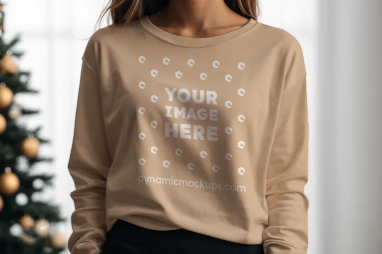 Woman Wearing Tan Sweatshirt Mockup Front View Template