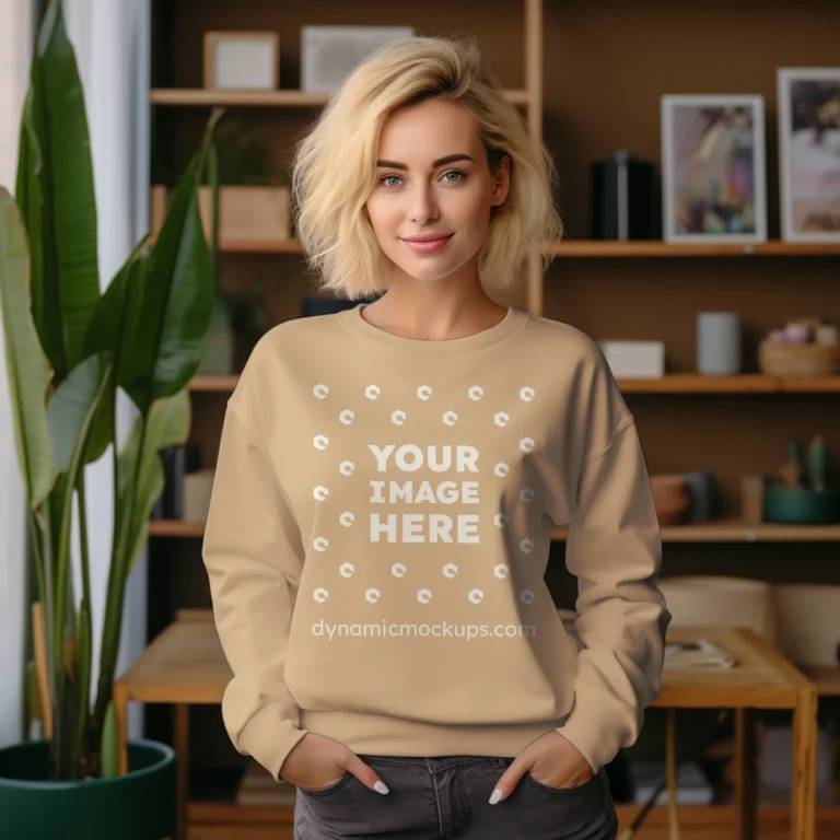 Woman Wearing Tan Sweatshirt Mockup Front View Template