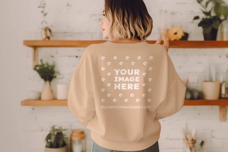 Woman Wearing Tan Sweatshirt Mockup Back View Template