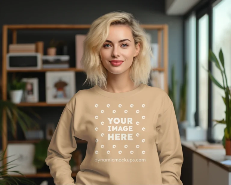 Woman Wearing Tan Sweatshirt Mockup Front View Template