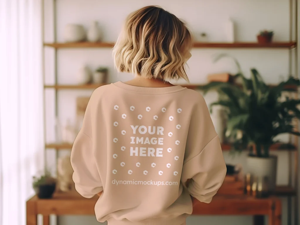 Woman Wearing Tan Sweatshirt Mockup Back View Template