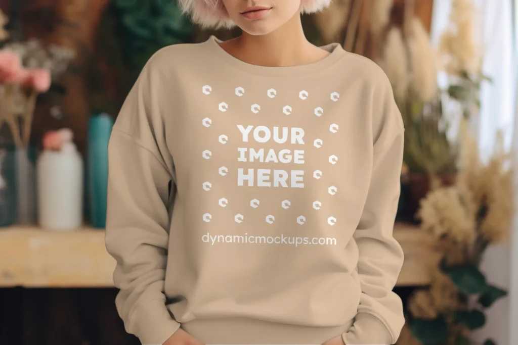 Woman Wearing Tan Sweatshirt Mockup Front View Template