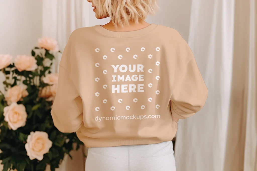 Woman Wearing Tan Sweatshirt Mockup Back View Template