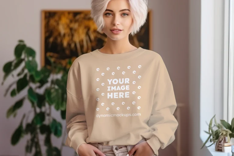 Woman Wearing Tan Sweatshirt Mockup Front View Template