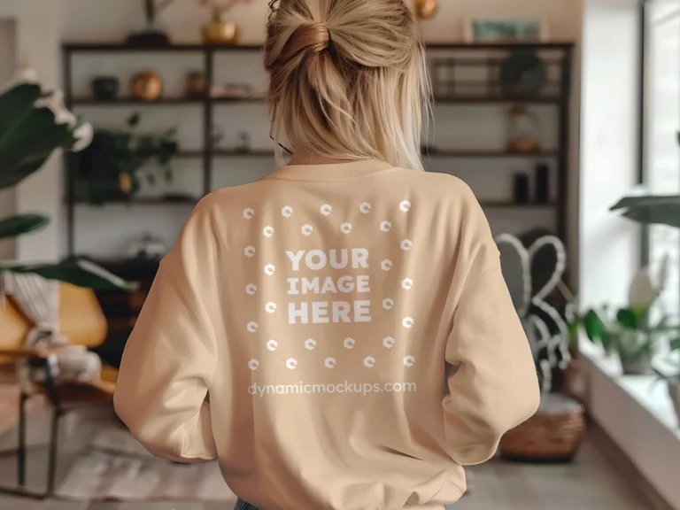 Woman Wearing Tan Sweatshirt Mockup Back View Template