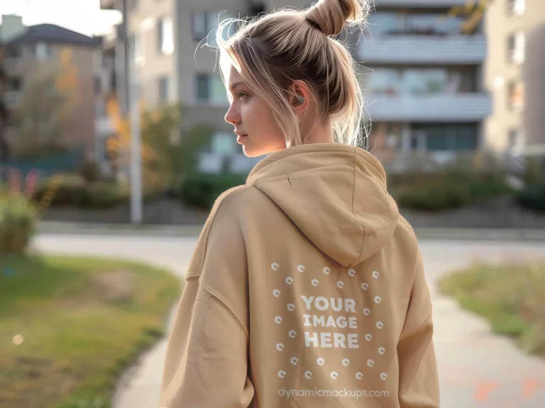 Woman Wearing Tan Hoodie Mockup Back View Template