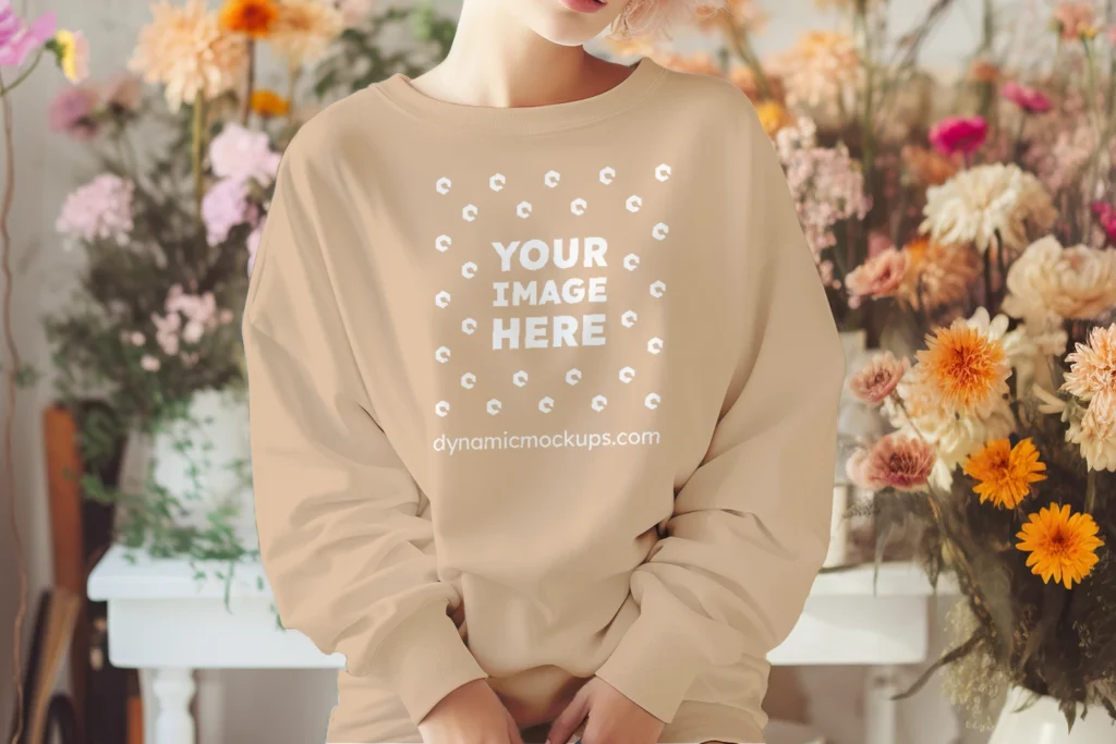 Woman Wearing Tan Sweatshirt Mockup Front View Template