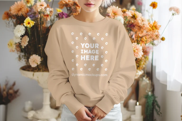 Woman Wearing Tan Sweatshirt Mockup Front View Template