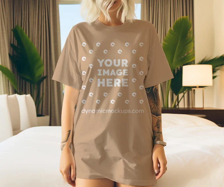 Woman Wearing Tan T-shirt Mockup Front View Template