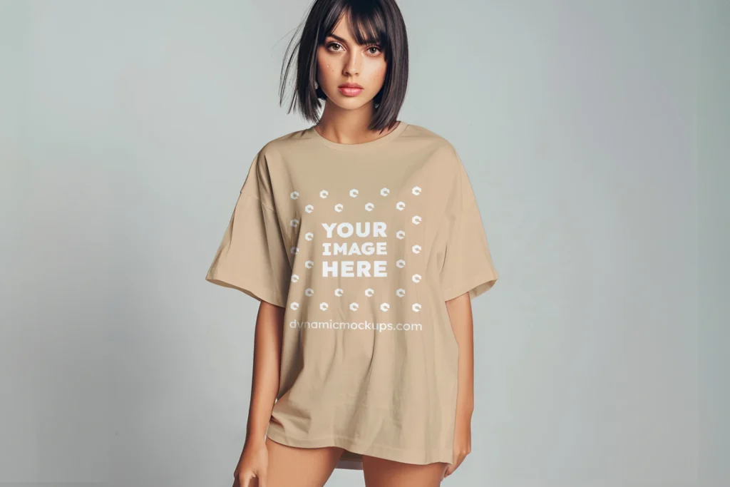 Woman Wearing Tan T-shirt Mockup Front View Template