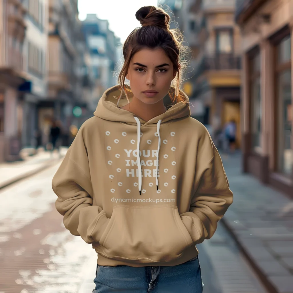 Woman Wearing Tan Hoodie Mockup Front View Template