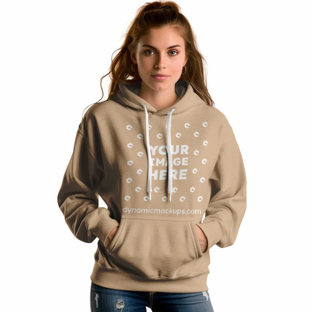 Woman Wearing Tan Hoodie Mockup Front View Template