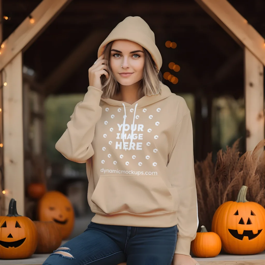 Woman Wearing Tan Hoodie Mockup Front View Template