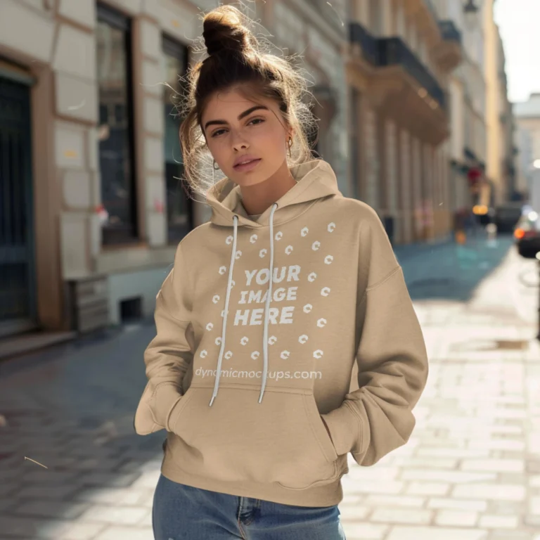 Woman Wearing Tan Hoodie Mockup Front View Template