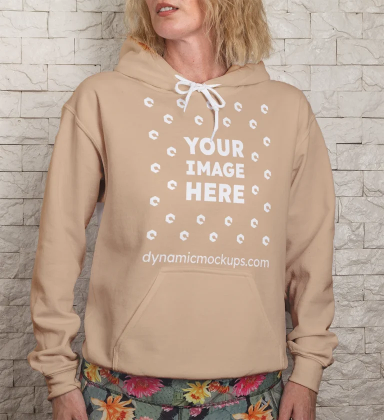 Woman Wearing Tan Hoodie Mockup Front View Template