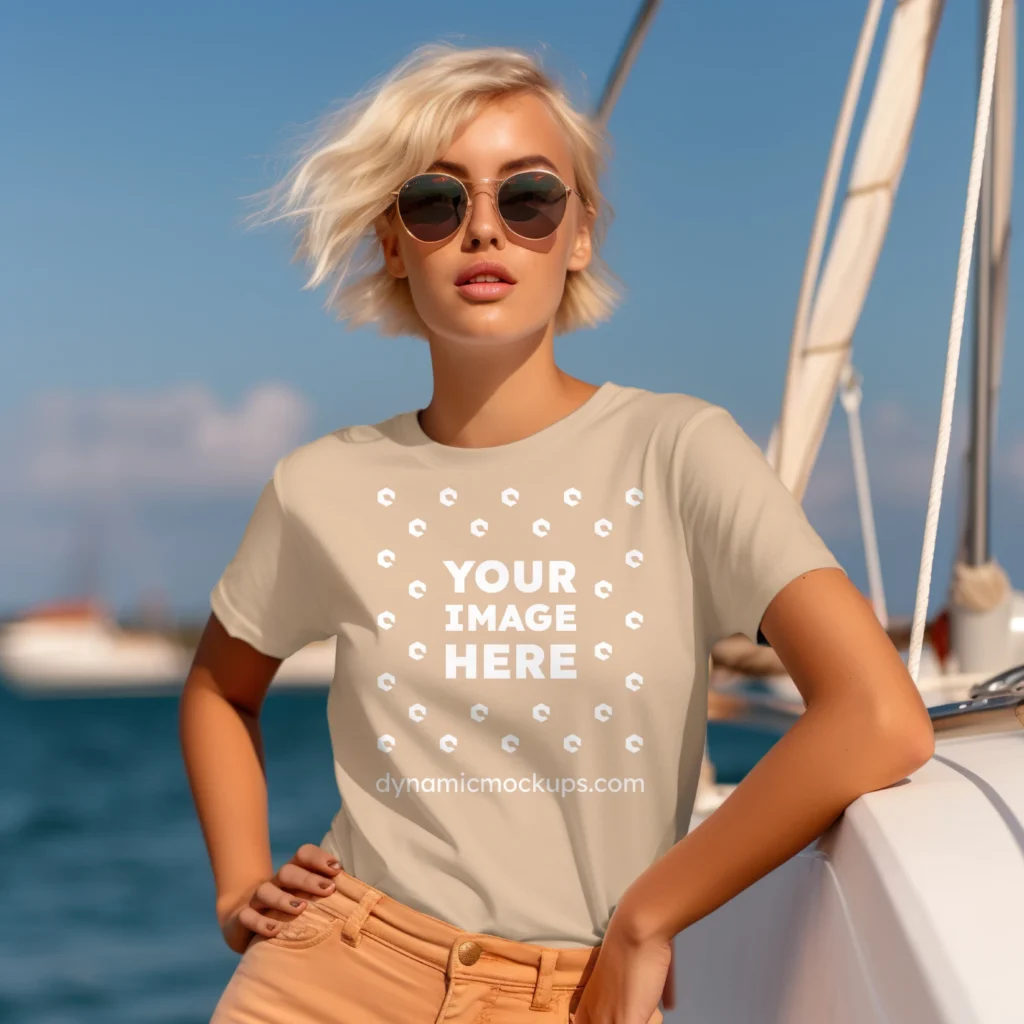 Woman Wearing Tan T-shirt Mockup Front View Template