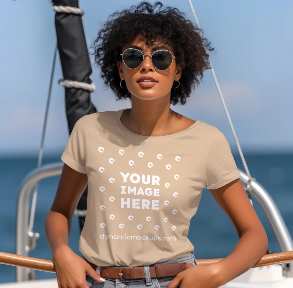 Woman Wearing Tan T-shirt Mockup Front View Template