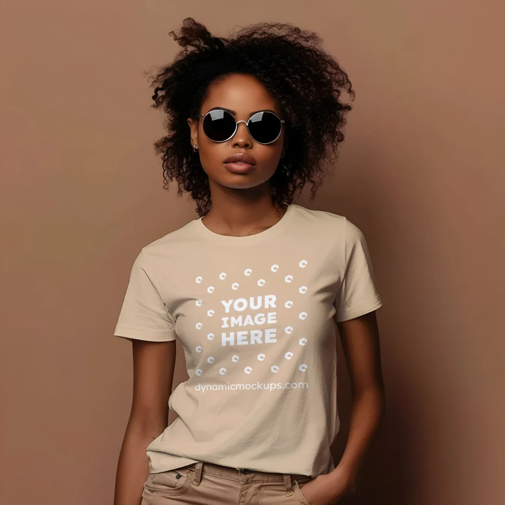 Woman Wearing Tan T-shirt Mockup Front View Template