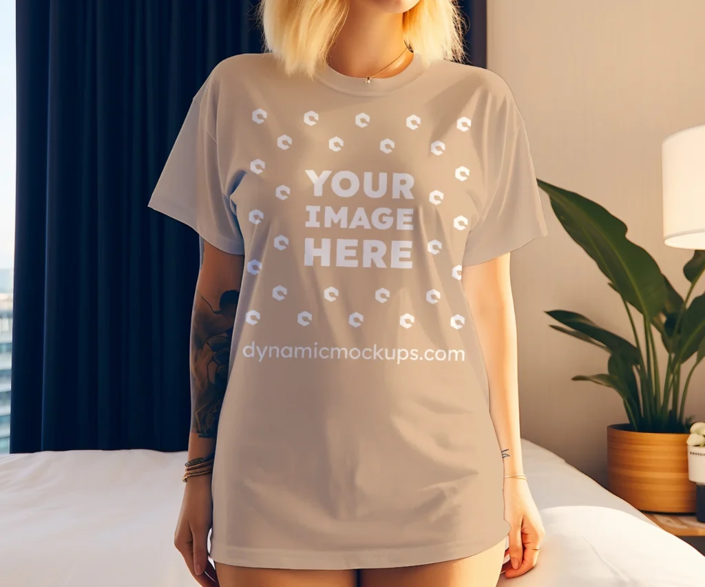 Woman Wearing Tan T-shirt Mockup Front View Template