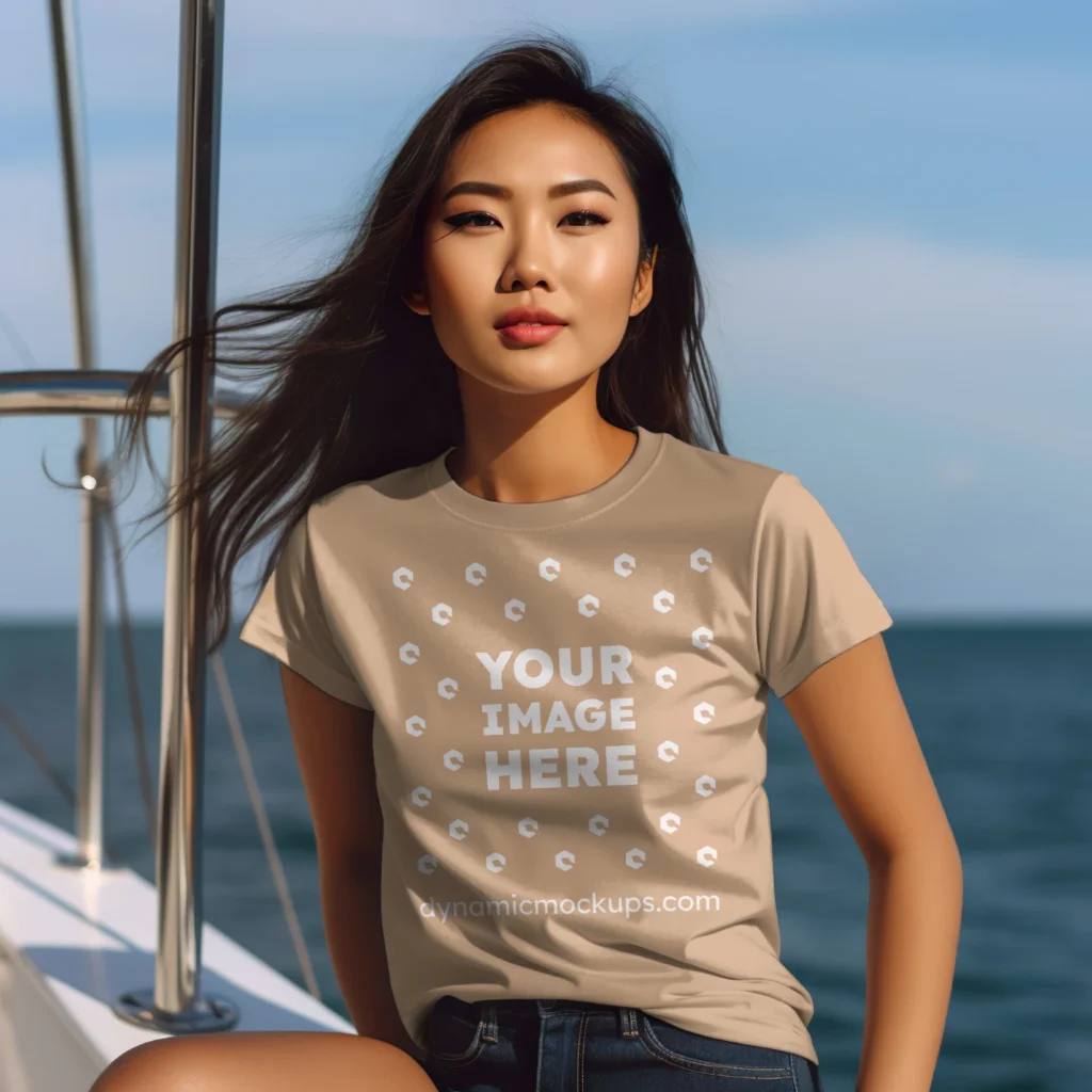 Woman Wearing Tan T-shirt Mockup Front View Template