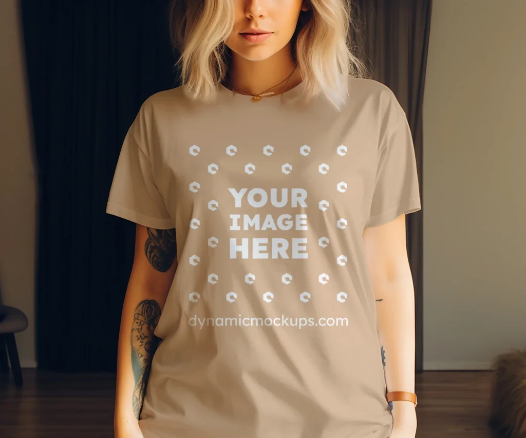 Woman Wearing Tan T-shirt Mockup Front View Template