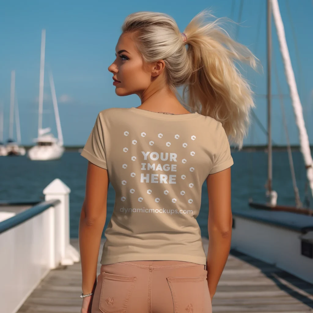 Woman Wearing Tan T-shirt Mockup Back View Template