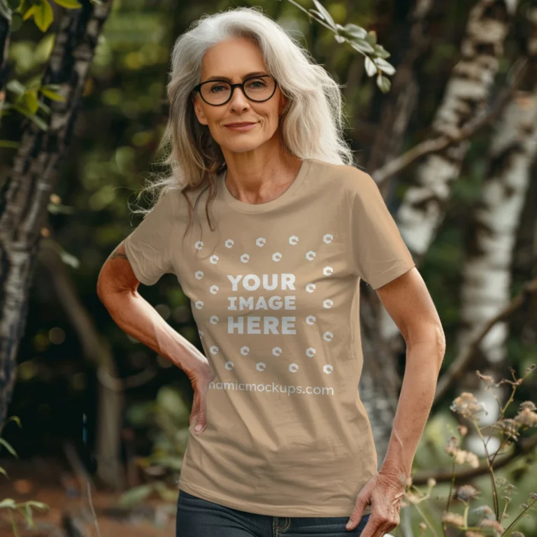 Woman Wearing Tan T-shirt Mockup Front View Template