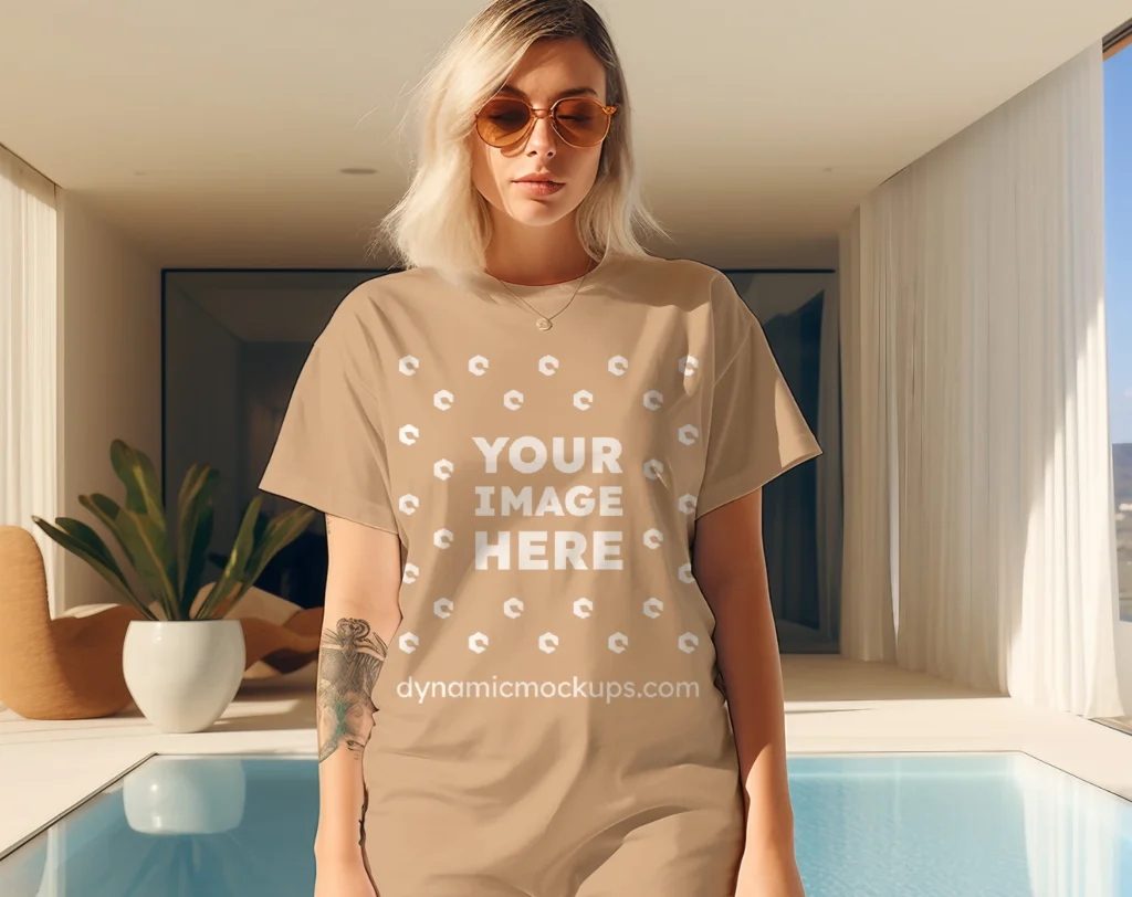 Woman Wearing Tan T-shirt Mockup Front View Template