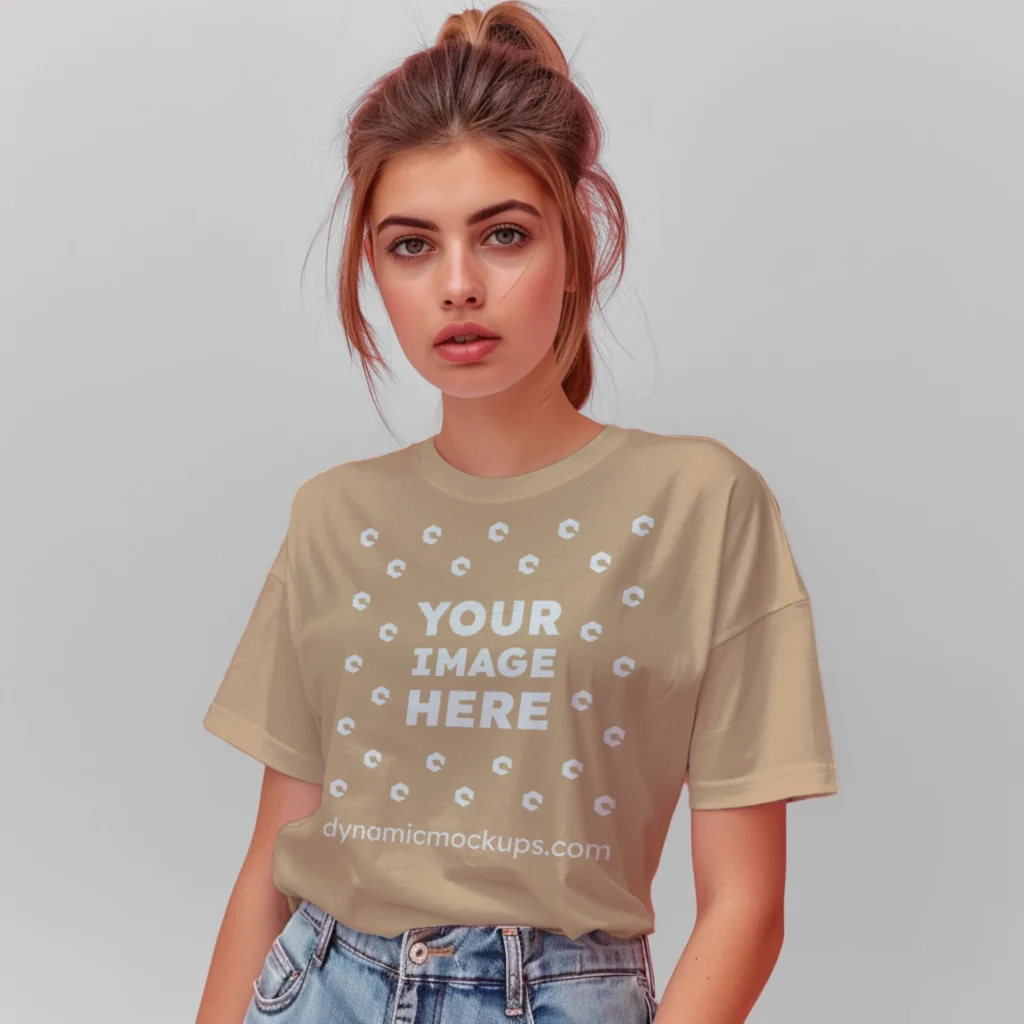 Woman Wearing Tan T-shirt Mockup Front View Template