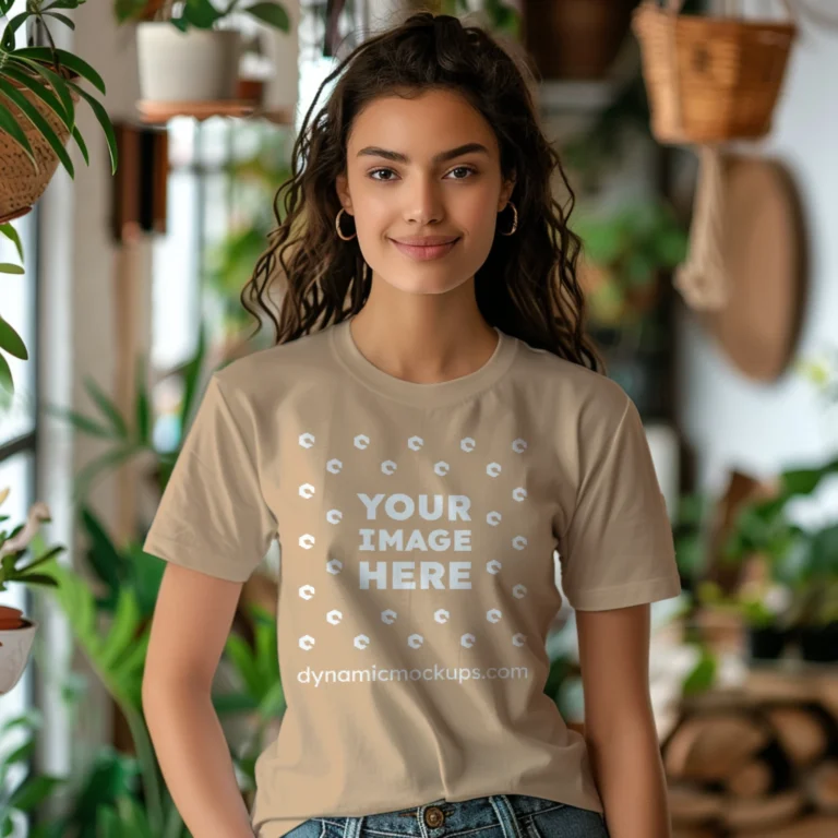 Woman Wearing Tan T-shirt Mockup Front View Template