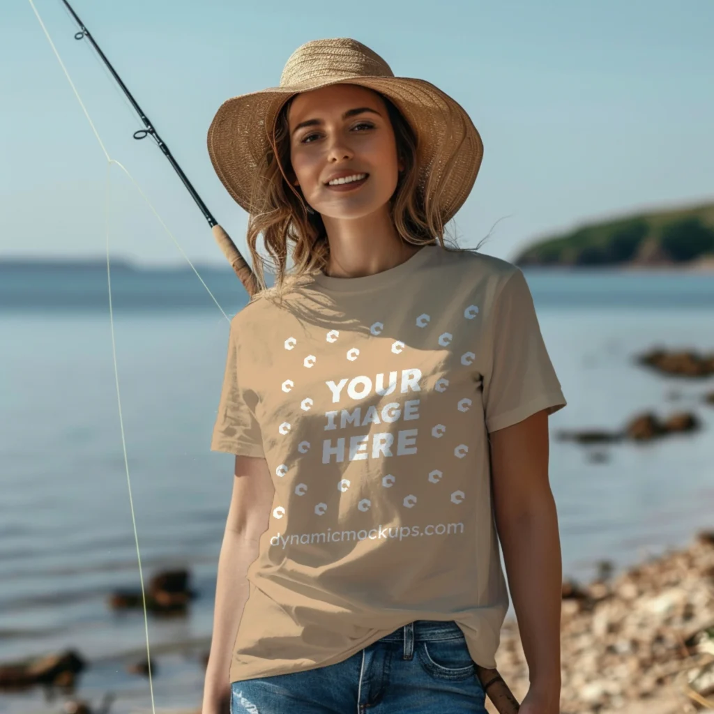 Woman Wearing Tan T-shirt Mockup Front View Template