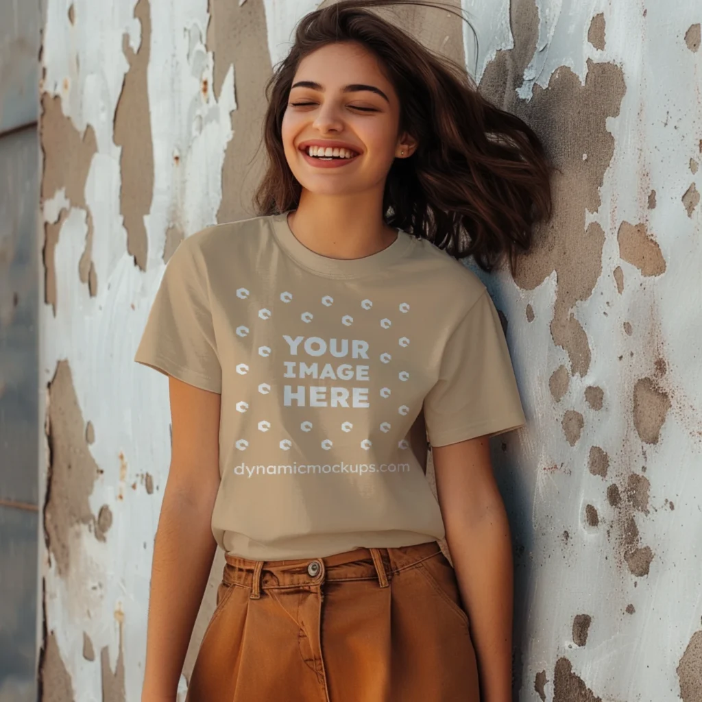 Woman Wearing Tan T-shirt Mockup Front View Template